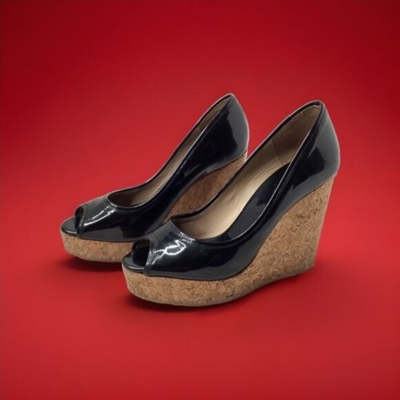 Jimmy Choo Black Patent Cork Wedge Peep Toe Heels Shoes 38.5 EU / US 8.5 - Picture 1 of 8